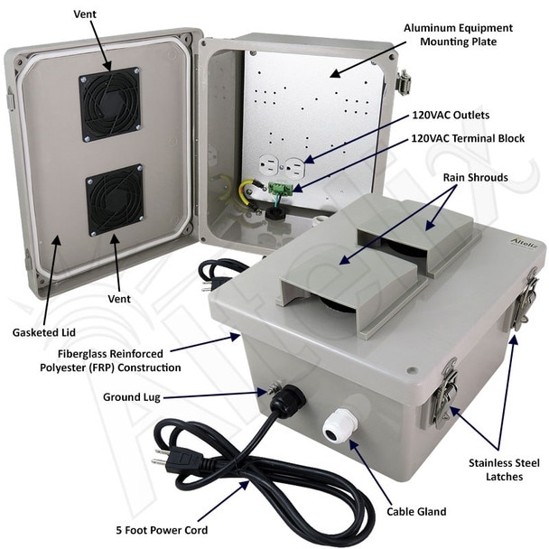 Altelix 10x8x6 Vented Fiberglass Weatherproof NEMA Enclosure with 120 VAC Outlets and Power Cord