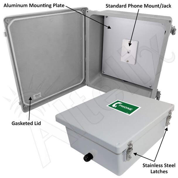 Altelix 14x12x6 Fiberglass Outdoor Weatherproof NEMA 4X Phone Call Box with Service Phone Label