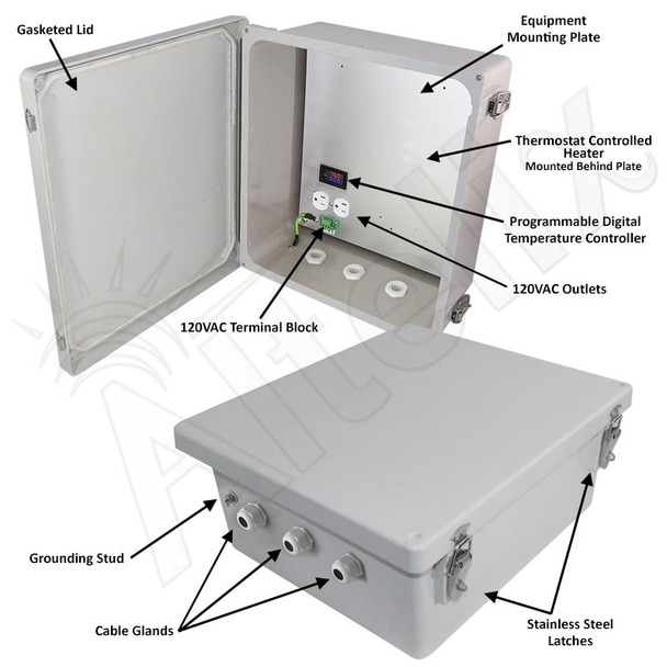 Altelix 14x12x6 Fiberglass Weatherproof Heated NEMA Enclosure with 120 VAC Outlets 200W Heater with Digital Temperature Controller