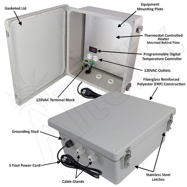 Altelix 14x12x6 Fiberglass Weatherproof Heated NEMA Enclosure with 120 VAC Outlets Power Cord 200W Heater with Digital Temperature Controller