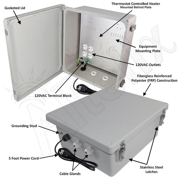 Altelix 14x12x6 Fiberglass Weatherproof Heated NEMA Enclosure with 200W Heater 120 VAC Outlets Power Cord