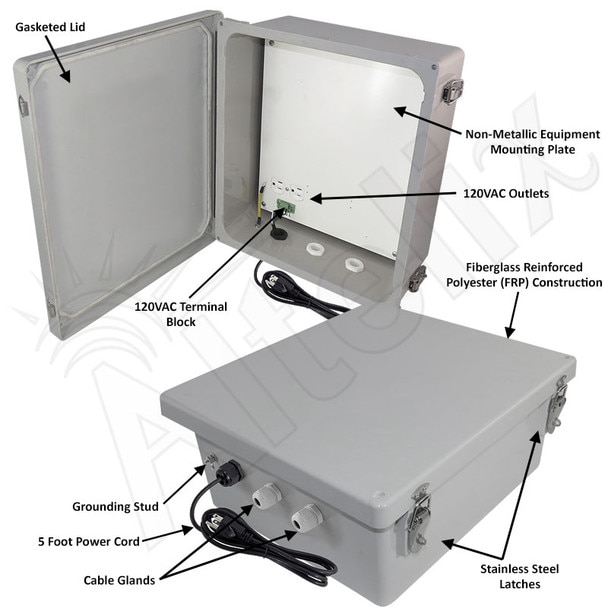 Altelix 14x12x6 Fiberglass Weatherproof WiFi NEMA 4X Enclosure with Non-Metallic Mounting Plate 120 VAC Outlets Power Cord