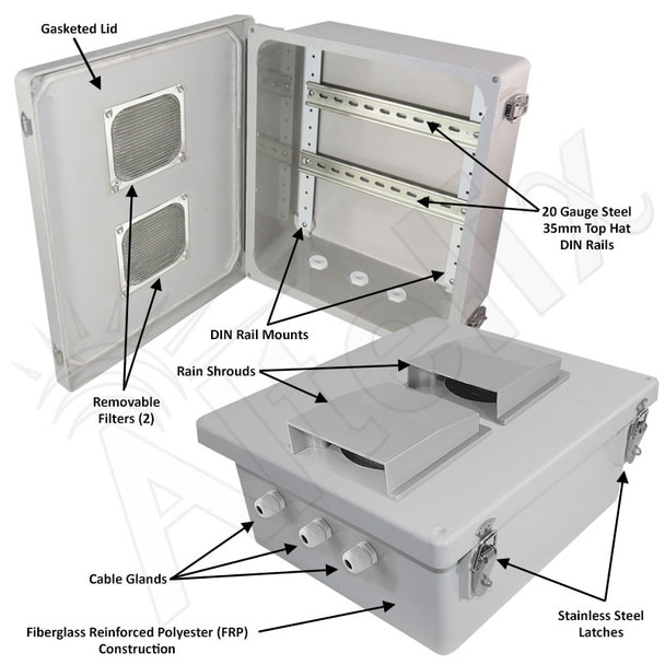 Altelix 14x12x6 Vented Industrial DIN Rail Fiberglass Enclosure Fiberglass