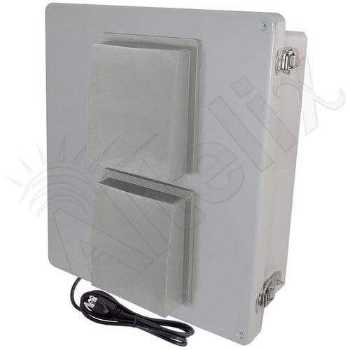 Altelix 14x12x6 Fiberglass Weatherproof Vented NEMA Enclosure with 120 VAC Outlets Power Cord 85F Turn-On Cooling Fan