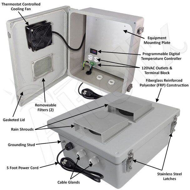 Altelix 14x12x6 Fiberglass Weatherproof Vented NEMA Enclosure with 120 VAC Outlets Power Cord Cooling Fan with Digital Temperature Controller