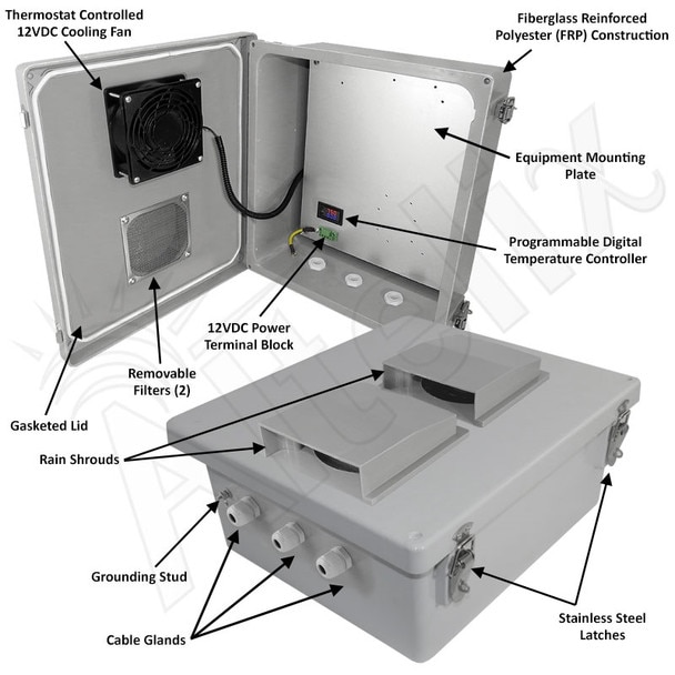 Altelix 14x12x6 Fiberglass Weatherproof Vented NEMA Enclosure with 12 VDC Cooling Fan Digital Temperature Controller