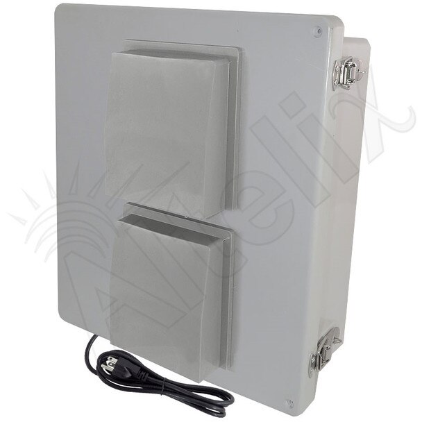 Altelix 14x12x6 Fiberglass Vented Heated Weatherproof NEMA Enclosure with 120 VAC Outlets Power Cord 200W Heater 85F Turn-On Cooling Fan