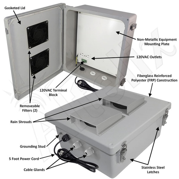 Altelix 14x12x6 Fiberglass Weatherproof Vented WiFi NEMA Enclosure with 120 VAC Outlets Power Cord