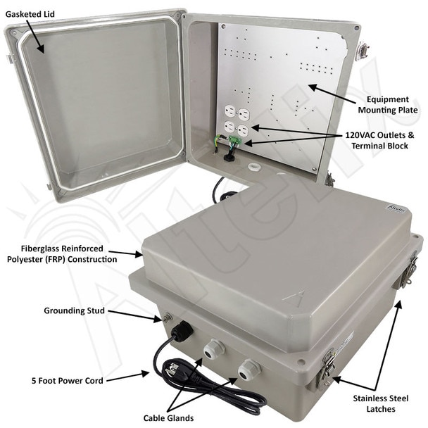 Altelix 14x12x8 Fiberglass Weatherproof NEMA Enclosure with Aluminum Mounting Plate 120V Outlets Power Cord