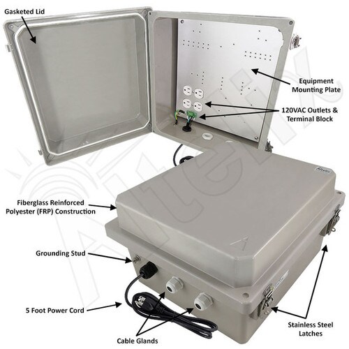 Altelix 14x12x8 Fiberglass Weatherproof NEMA Enclosure with Aluminum Mounting Plate 120V Outlets Power Cord