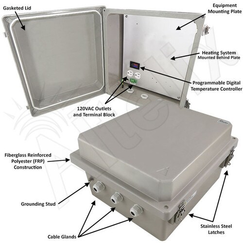 Altelix 14x12x Fiberglass Weatherproof Heated NEMA Enclosure with 120 VAC Outlets 200W Heater with Digital Temperature Controller