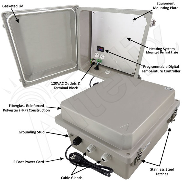Altelix 14x12x8 Fiberglass Weatherproof Heated NEMA Enclosure with 120 VAC Outlets Power Cord 200W Heater with Digital Temperature Controller