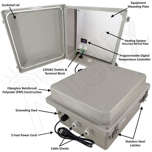 Altelix 14x12x8 Fiberglass Weatherproof Heated NEMA Enclosure with 120 VAC Outlets Power Cord 200W Heater with Digital Temperature Controller