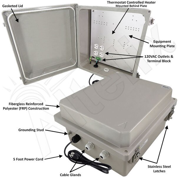 Altelix 14x12x8 Fiberglass Weatherproof Heated NEMA Enclosure with 200W Heater 120 VAC Outlets Power Cord