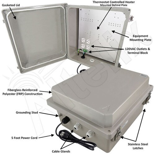 Altelix 14x12x8 Fiberglass Weatherproof Heated NEMA Enclosure with 200W Heater 120 VAC Outlets Power Cord
