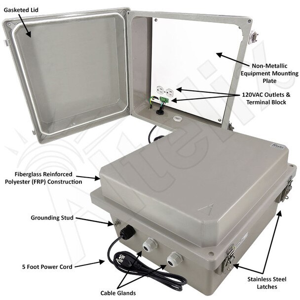 Altelix 14x12x8 Fiberglass Weatherproof WiFi NEMA 4X Enclosure with Non-Metallic Mounting Plate 120 VAC Outlets Power Cord