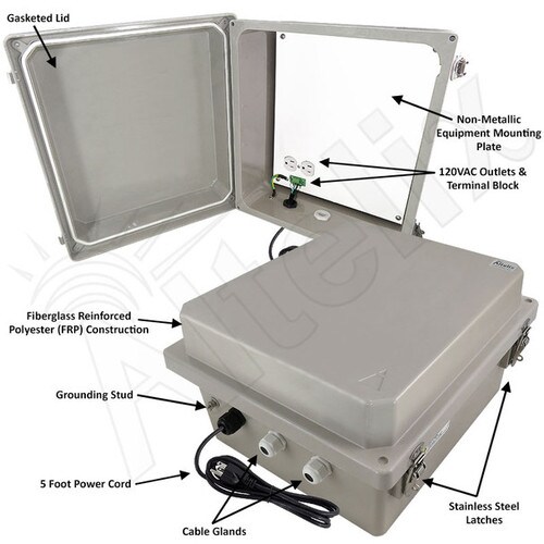 Altelix 14x12x8 Fiberglass Weatherproof WiFi NEMA 4X Enclosure with Non-Metallic Mounting Plate 120 VAC Outlets Power Cord