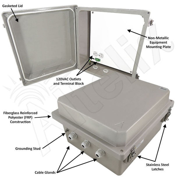 Altelix 14x12x8 Fiberglass Weatherproof WiFi NEMA 4X Enclosure with Non-Metallic Mounting Plate 120 VAC Outlets
