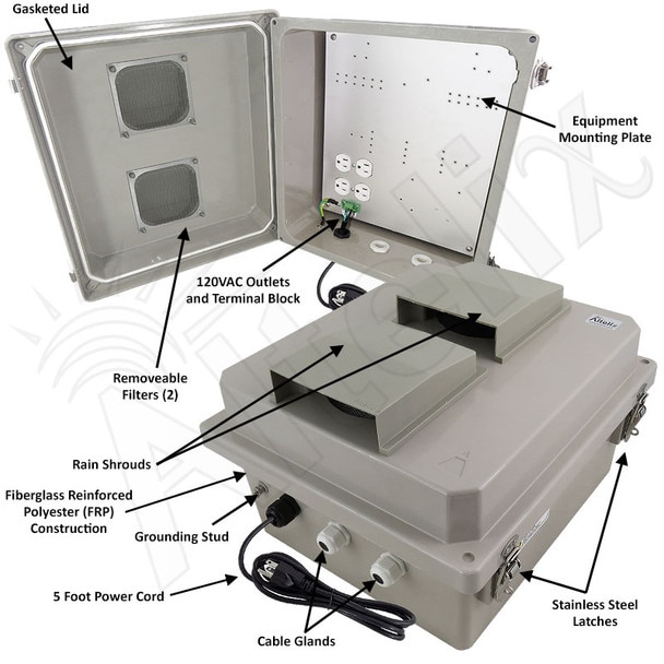 Altelix 14x12x8 Fiberglass Weatherproof Vented NEMA Enclosure with 120 VAC Outlets Power Cord