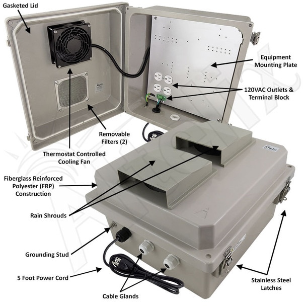 Altelix 14x12x8 Fiberglass Weatherproof Vented NEMA Enclosure with Cooling Fan 120 VAC Outlets Power Cord