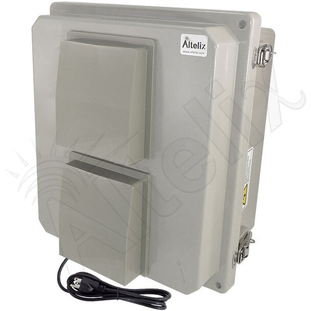 Altelix 14x12x8 Fiberglass Vented Heated Weatherproof NEMA Enclosure with 120 VAC Outlets Power Cord 200W Heater 85F Turn-On Cooling Fan