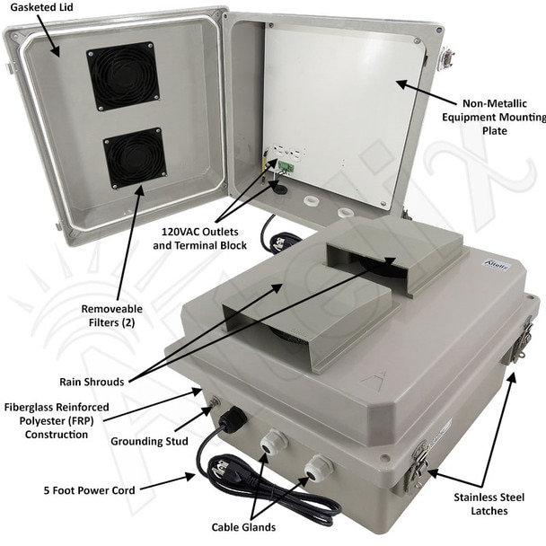 Altelix 14x12x8 Fiberglass Weatherproof Vented WiFi NEMA Enclosure with 120 VAC Outlets Power Cord Non-Metallic Equipment Mounting Plate