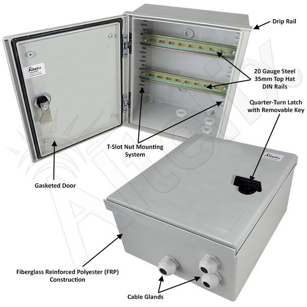 Altelix 12x10x6 Industrial DIN Rail Enclosure Fiberglass NEMA 3X IP65