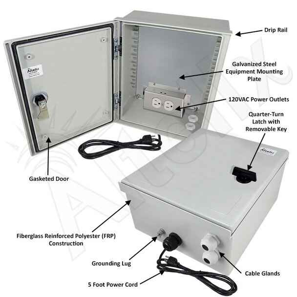 Altelix 12x10x6 NEMA 3X Fiberglass Weatherproof Enclosure with Equipment Mounting Plate 120 VAC Outlets Power Cord