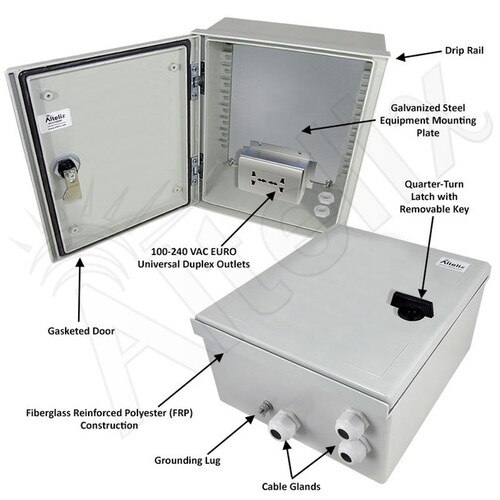 Altelix 12x10x6 NEMA 3X Fiberglass Weatherproof Enclosure with Equipment Mounting Plate 100-240 VAC Universal Power Outlet