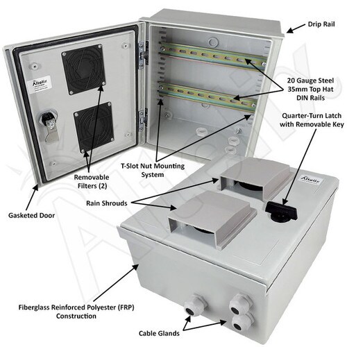 Altelix 12x10x6 Vented Industrial DIN Rail Fiberglass Weatherproof NEMA Enclosure