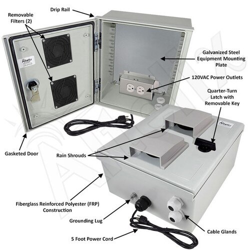 Altelix 12x10x6 Vented Fiberglass Weatherproof NEMA Enclosure with Equipment Mounting Plate 120 VAC Outlets Power Cord