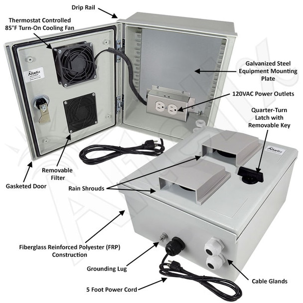 Altelix 12x10x6 Vented Fiberglass Weatherproof NEMA Enclosure with 120 VAC Outlets Power Cord 85F Turn-On Cooling Fan