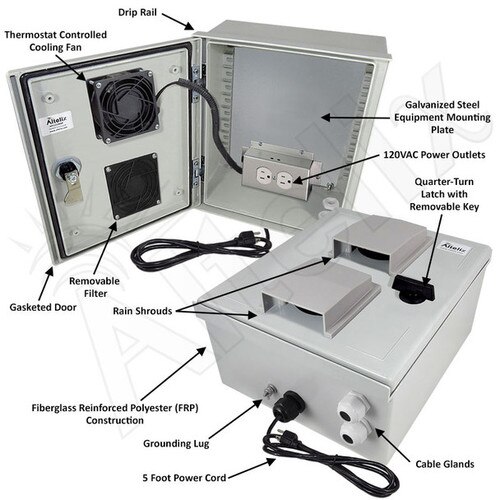 Altelix 12x10x6 Vented Fiberglass Weatherproof NEMA Enclosure with Cooling Fan 120 VAC Outlets Power Cord