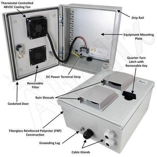 Altelix 12x10x6 Vented Fiberglass Weatherproof NEMA Enclosure with 48 VDC Cooling Fan