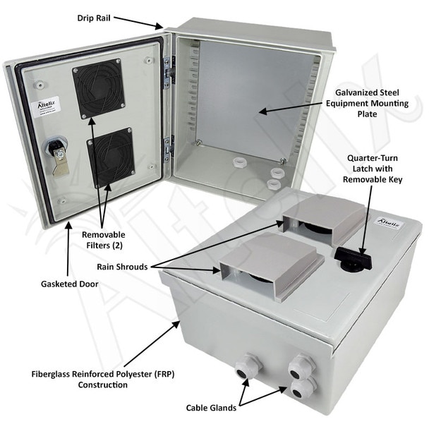 Altelix 12x10x6 Vented Fiberglass Weatherproof NEMA Enclosure with Steel Equipment Mounting Plate