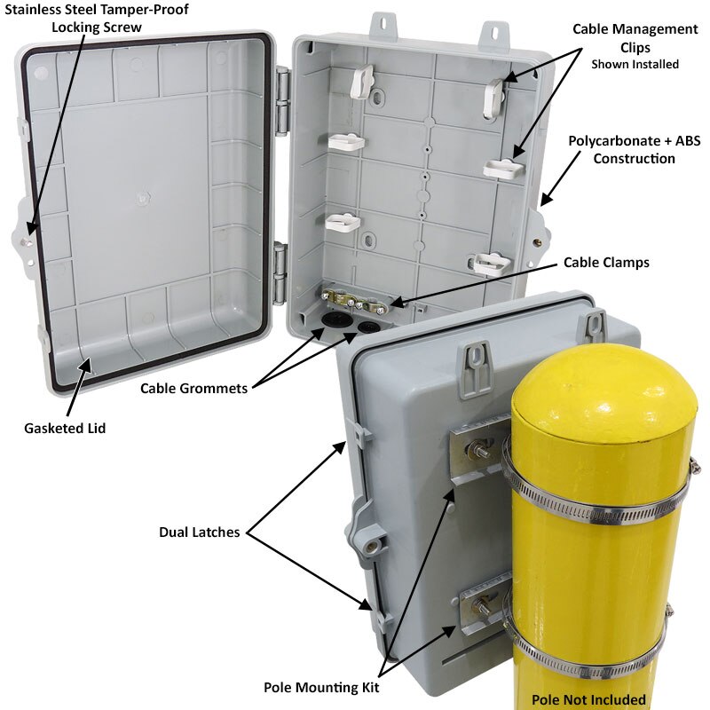Altelix 12x9x5 Pole Mount IP66 NEMA 4X PCABS Weatherproof Utility Box with Hinged Door