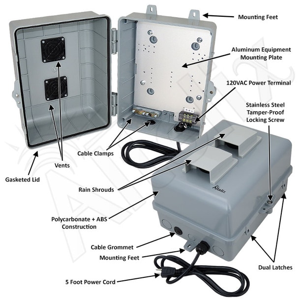 Altelix 12x9x7 PCABS Weatherproof Vented Utility Box NEMA Enclosure with 120VAC Power Terminal Power Cord