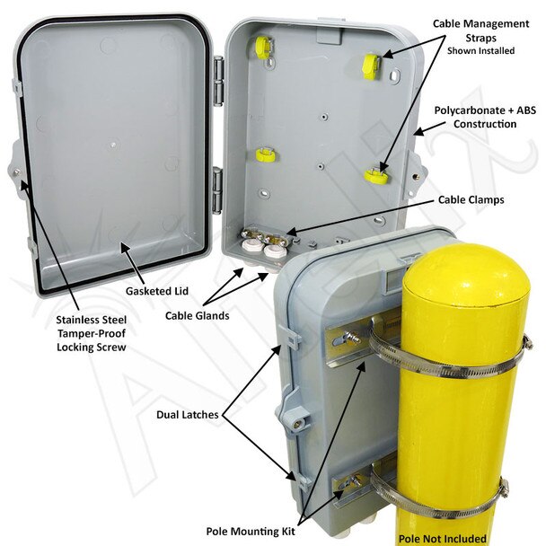 Altelix 13x10x4 Pole Mount IP66 NEMA 4X PCABS Weatherproof Utility Box with Hinged Door