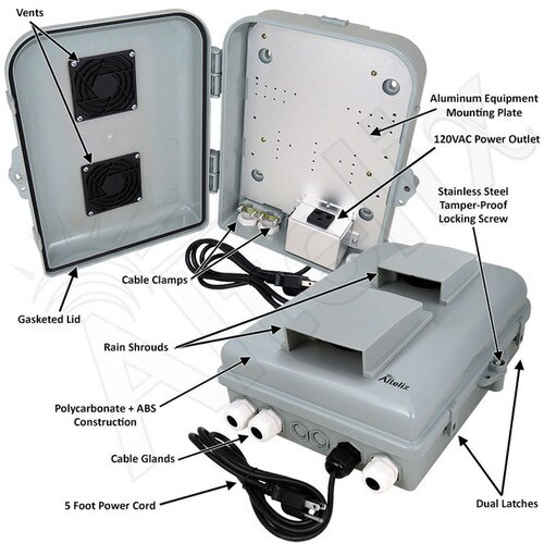 Altelix 13x10x4 PCABS Weatherproof Vented Utility Box NEMA Enclosure with Aluminum Mounting Plate 120 VAC Outlet Power Cord