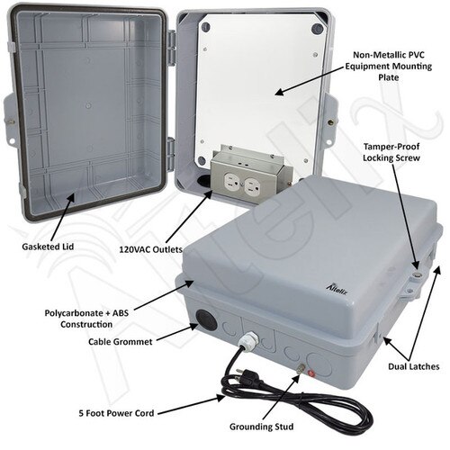 Altelix 14x11x5 Polycarbonate ABS Indoor Outdoor RF Transparent Enclosure with PVC Non-Metallic Equipment Mounting Plate 120 VAC Outlets Power Cord