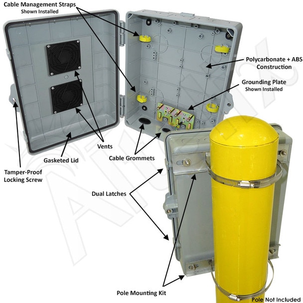 Altelix 14x11x5 PC ABS Vented Weatherproof Utility Box NEMA Enclosure with Pole Mount Kit