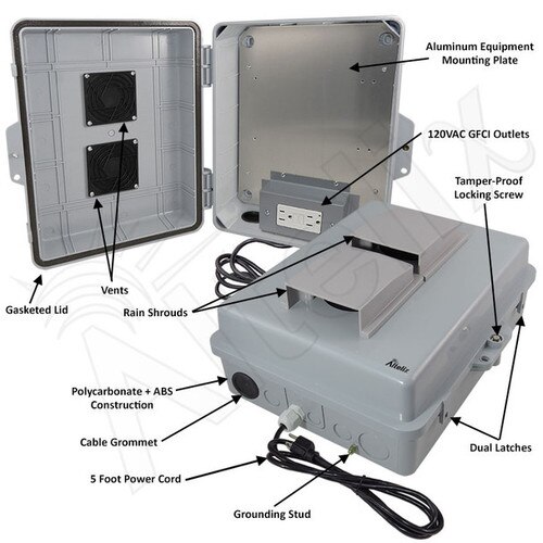 Altelix 14x11x5 Polycarbonate ABS Vented Weatherproof NEMA Enclosure with Aluminum Mounting Plate 120 VAC GFCI Outlets Power Cord