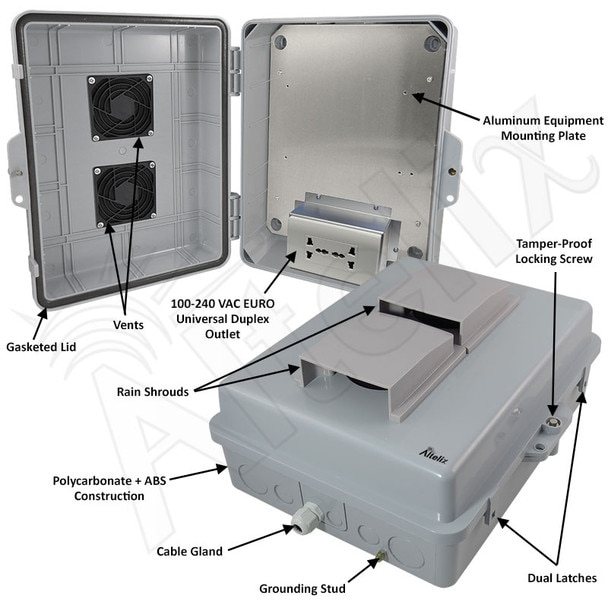 Altelix 14x11x5 Polycarbonate ABS Vented Weatherproof NEMA Enclosure with 100-240 VAC Universal Power Outlet