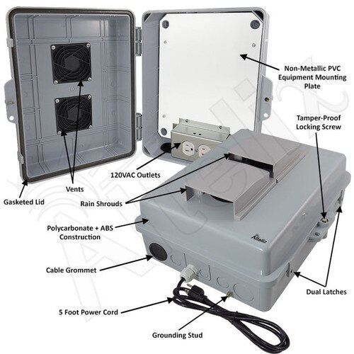 Altelix 14x11x5 Polycarbonate ABS Vented Indoor Outdoor RF Transparent Enclosure with PVC Non-Metallic Equipment Mounting Plate 120 VAC Outlets Power Cord