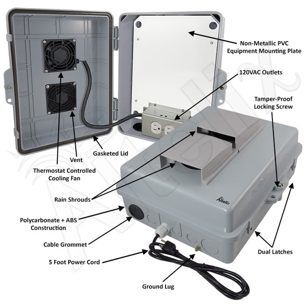 Altelix 14x11x5 Polycarbonate ABS Vented Indoor Outdoor RF Transparent Enclosure with PVC Non-Metallic Equipment Mounting Plate Cooling Fan 120 VAC Outlets Power Cord