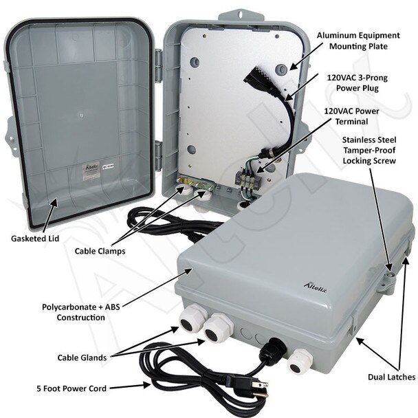 Altelix 15x10x5 NEMA 4X Polycarbonate ABS Weatherproof Enclosure with Aluminum Mounting Plate 120 VAC 3-Prong Power Plug and Power Cord