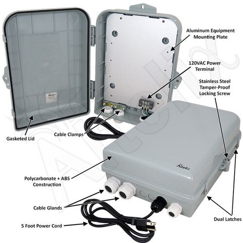 Altelix 15x10x5 NEMA 4X Polycarbonate ABS Weatherproof Enclosure with Aluminum Mounting Plate 120 VAC Terminal Block Power Cord
