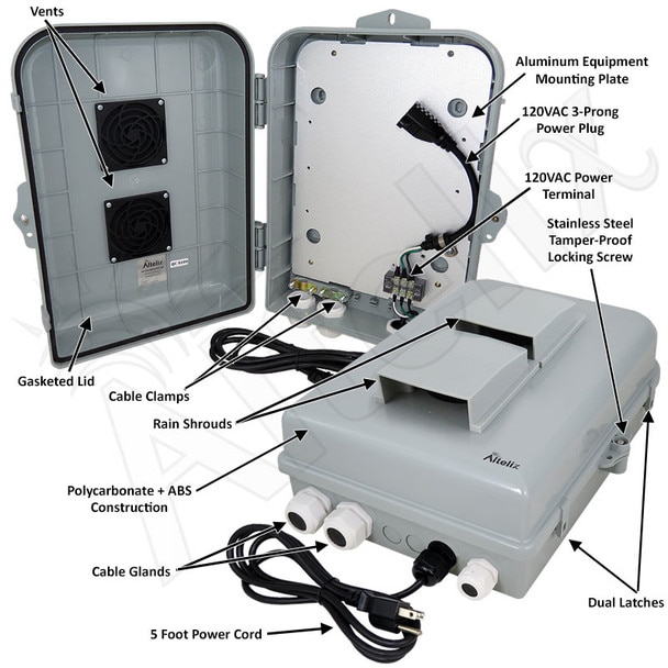 Altelix 15x10x5 Polycarbonate ABS Vented Weatherproof Enclosure with Aluminum Mounting Plate 120 VAC 3-Prong Power Plug Power Cord