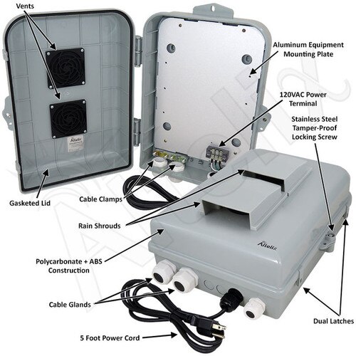 Altelix 15x10x5 Polycarbonate ABS Vented Weatherproof Enclosure with Aluminum Mounting Plate 120 VAC Power Terminal Power Cord