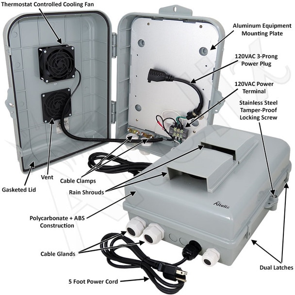 Altelix 15x10x5 Polycarbonate ABS Vented Weatherproof Enclosure with Cooling Fan 120VAC 3-Prong Power Plug Power Cord